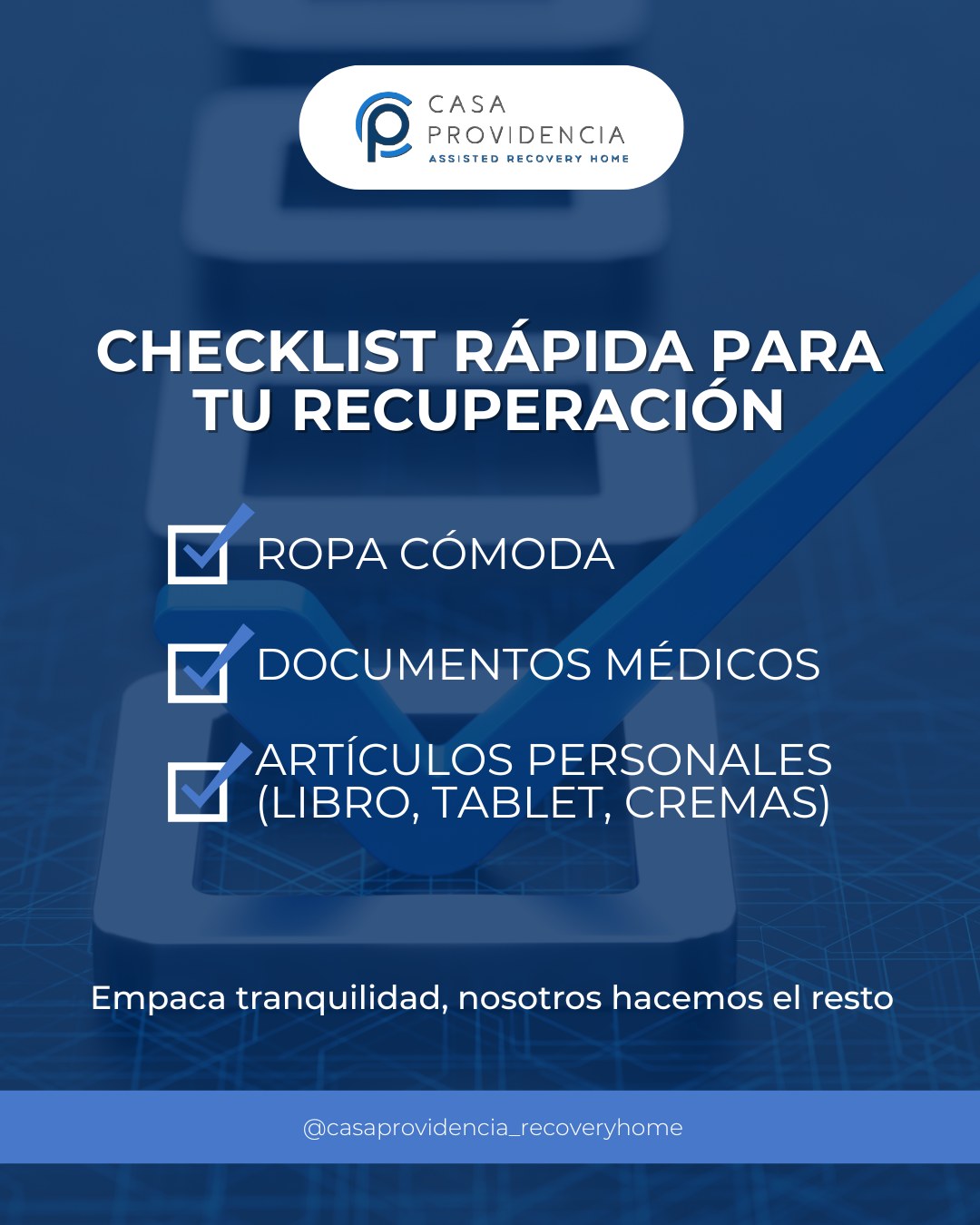 🧳 ¿Listo para tu recuperación?
Solo necesitas lo básico… nosotros nos encargamos del resto. En Casa Providencia cuidamos que tu estancia postoperatoria sea cómoda, segura y sin preocupaciones.
📆 Planea tu ingreso con tiempo y asegúrate de tener el mejor cuidado desde el primer día.