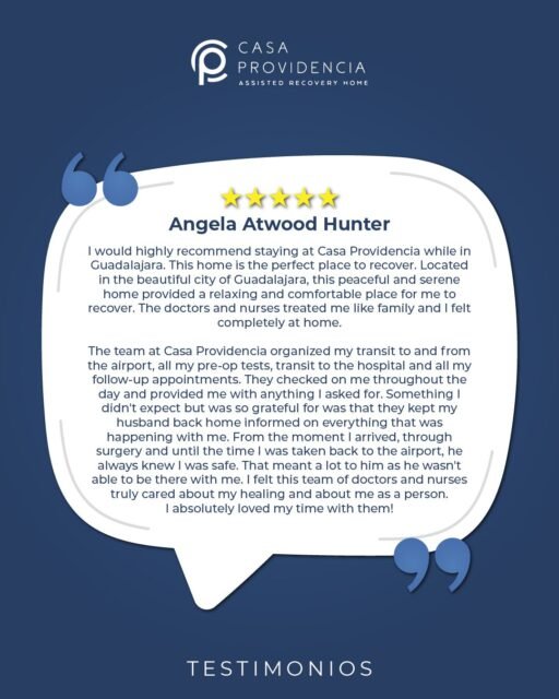 💬Nada habla mejor de una recuperación que la experiencia de quien ya la vivió. Cuando el cuidado es cercano, profesional y constante, la confianza se siente desde el primer día. 👉 Descubre por qué tantas personas eligen Casa Providencia para su recuperación.
Este testimonio refleja una experiencia individual y no constituye garantía de resultados.
La información compartida es de carácter informativo y no sustituye una valoración médica personalizada.
