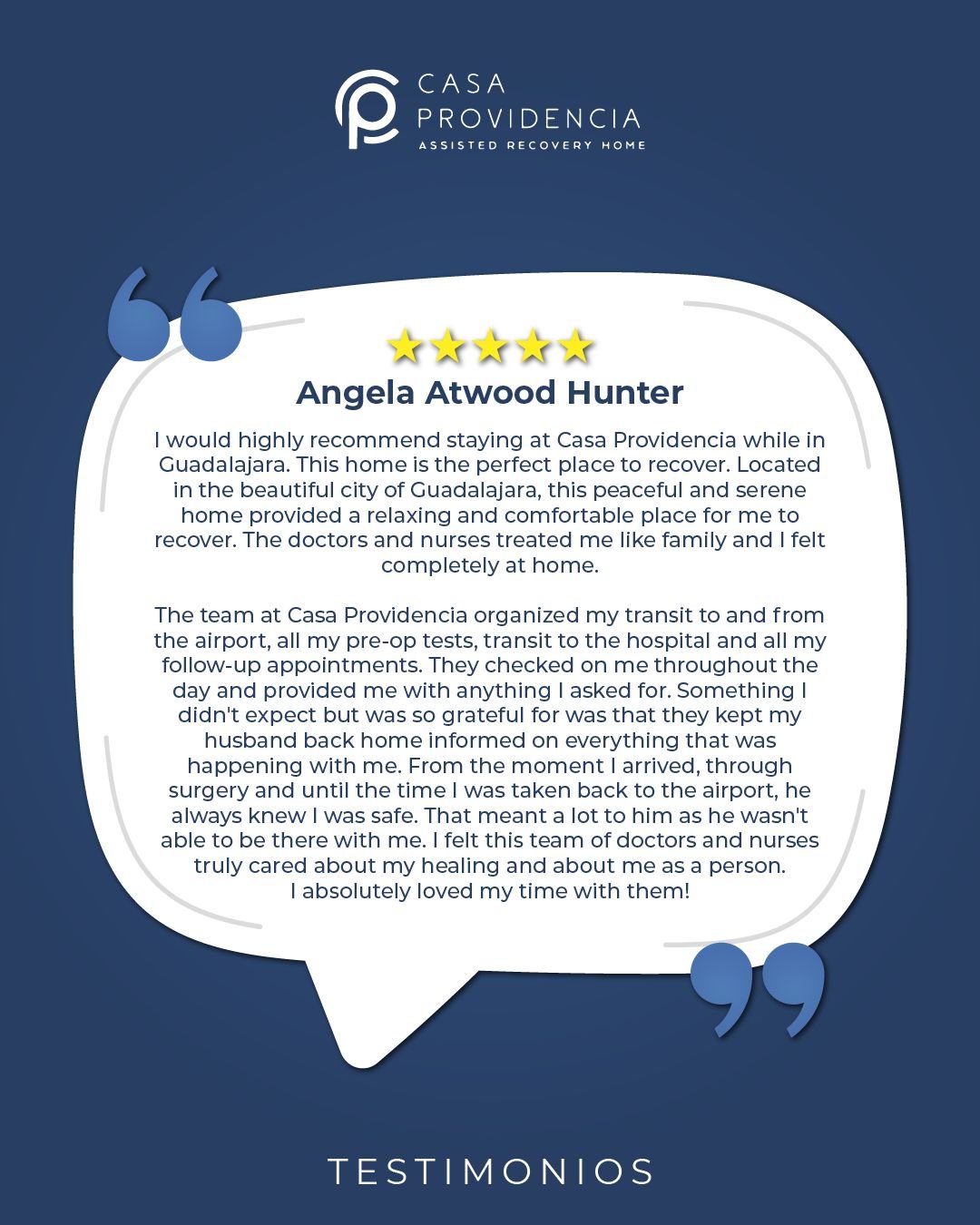 💬Nada habla mejor de una recuperación que la experiencia de quien ya la vivió. Cuando el cuidado es cercano, profesional y constante, la confianza se siente desde el primer día. 👉 Descubre por qué tantas personas eligen Casa Providencia para su recuperación.
Este testimonio refleja una experiencia individual y no constituye garantía de resultados.
La información compartida es de carácter informativo y no sustituye una valoración médica personalizada.